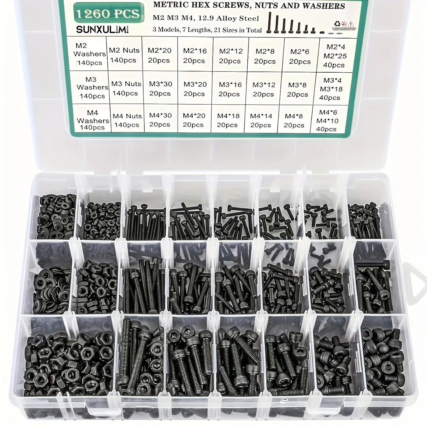 1260pcs Metric Bolt Assortment M2 M3 M4, 21 Sizes 4MM To 30MM Upgraded Zinc Plated Hex Socket Head Cap Machine Screws