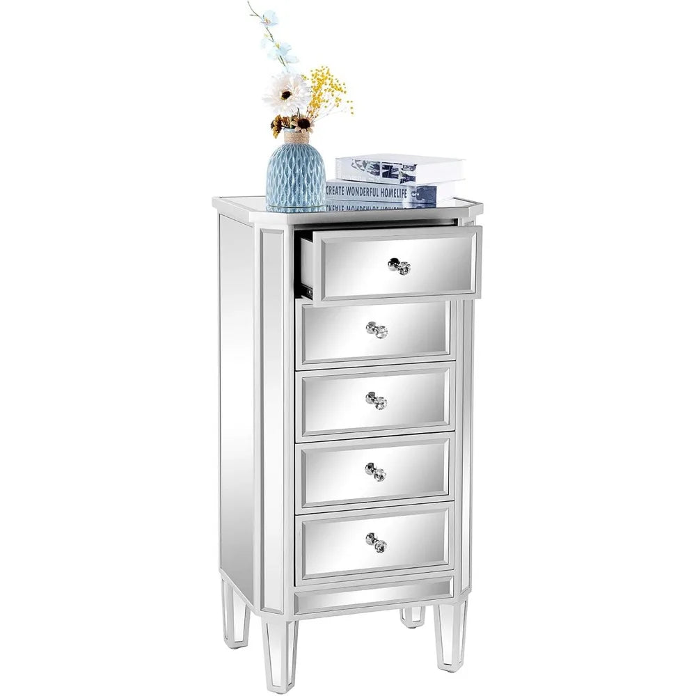 Mirrored Dresser 5 Drawers Modern Chest, Mirrored Chest of Drawers, Glass Dresser for Bedroom, Dressing Room, Living Room