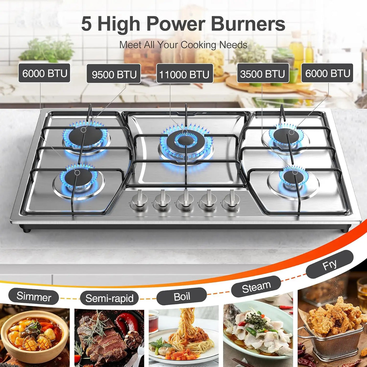 Stove Top Stainless Steel, Built-in Gas Propane Cooktops with Thermocouple Protection, NG/LPG Convertible, Electronic Ignition G