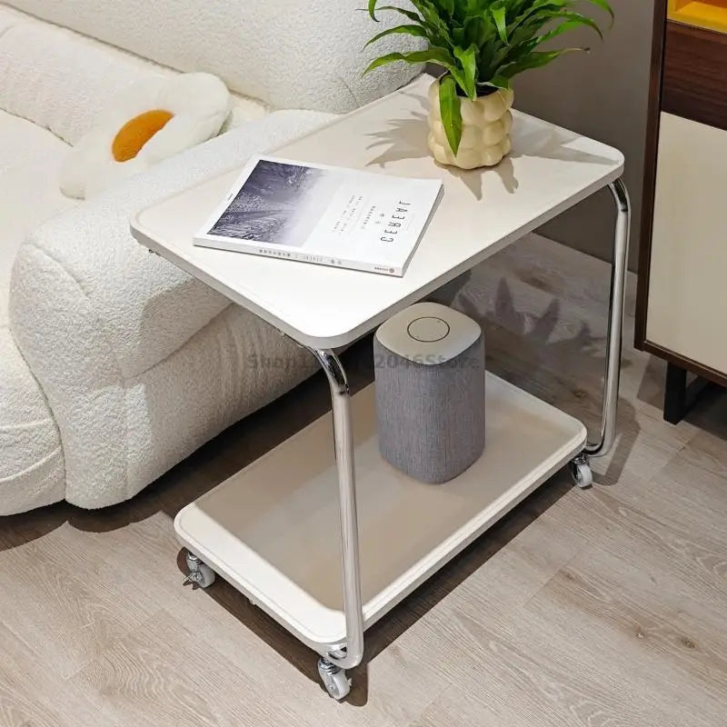 Sofa Side Table Movable Cart Living Room Coffee Table Bedroom Bedside C- Type Middle Cream Wind Wheeled Small Table