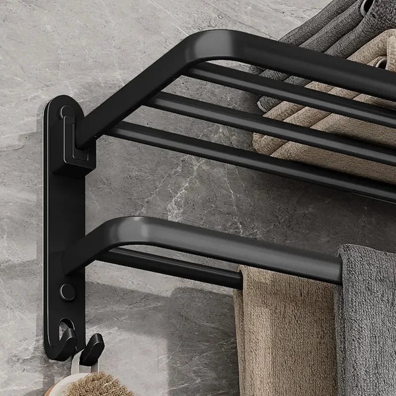 50CM Foldable Matte Black Towel Bar with Hook Wall Mounted Aluminum Towel Rack for Bathroom Toalleros De Baño Toalleros