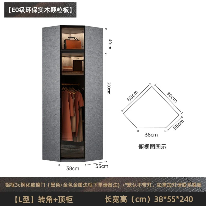 Solid wood wardrobe, bedroom home glass door L-shaped modern light luxury corner cloakroom storage cabinet combination wardrobe