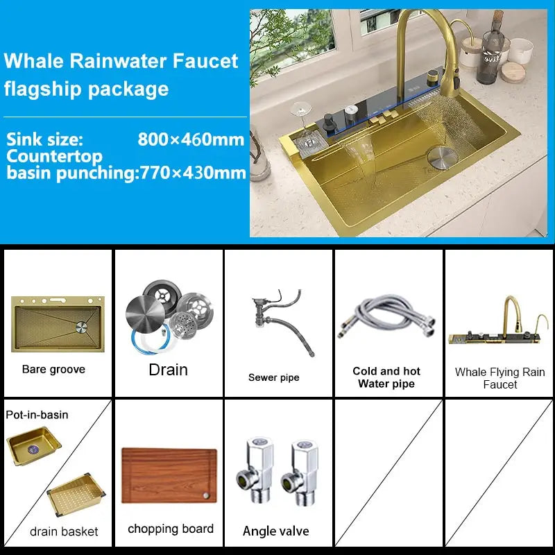 100x50cm Stainless Steel Waterfall Kitchen Sink With Knife Holder Digital Display Faucet Set Embossed Extra Large Single Slot