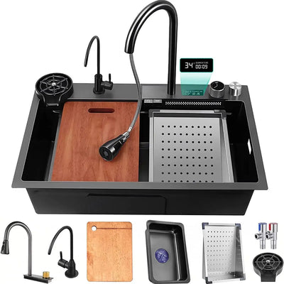 Black Nano Kitchen Sink Waterfall Sink with Pull Down Sprayhead Faucet Single Bowl Drop In Kitchen Sink