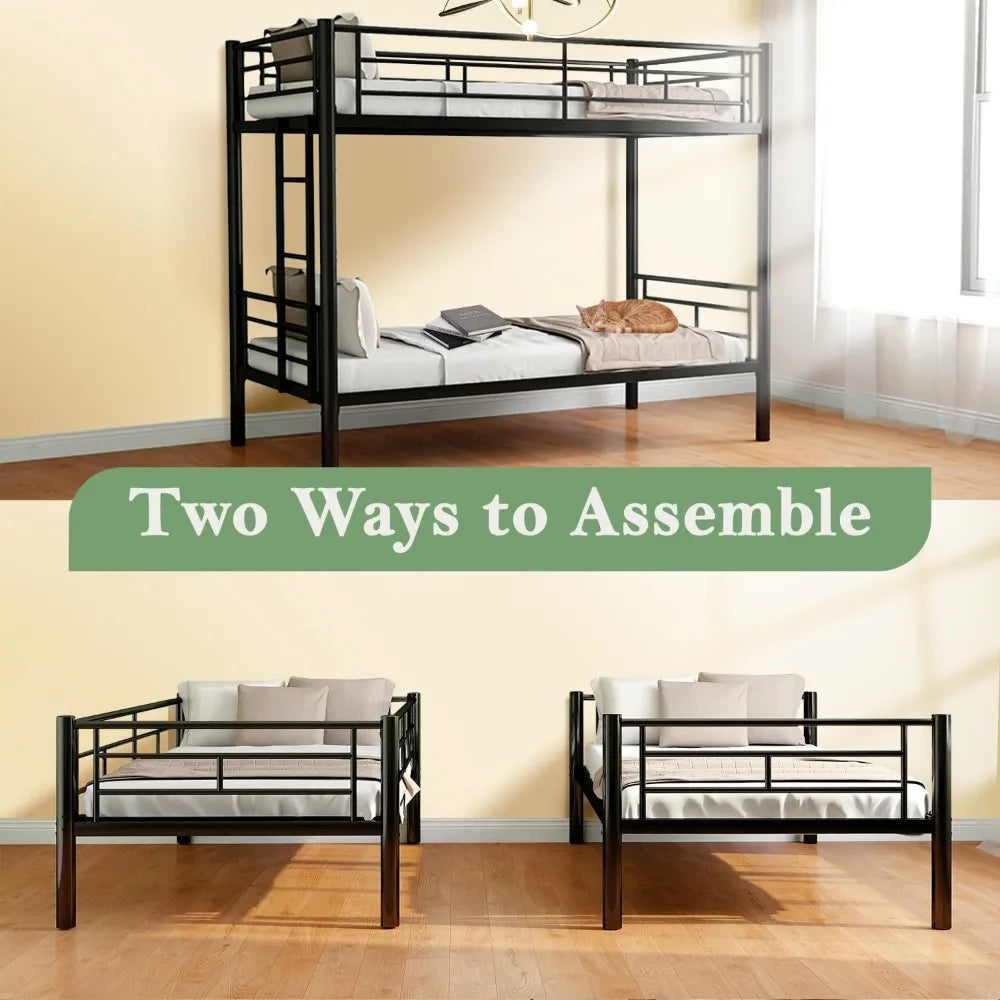 Twin Over Twin Bunk Beds for Adults Convertible Metal Bunk Bed Heavy Duty Bunkbeds Frame for Teens Dorm Small Spaces Bedroom