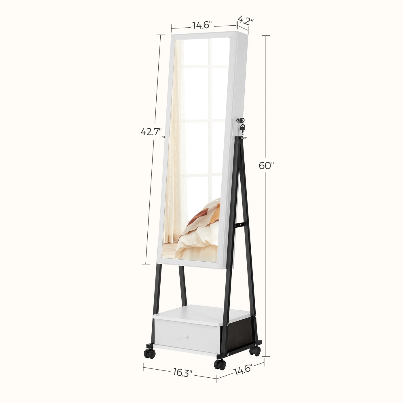 SONGMICS Jewelry Cabinet Floor Standing, Lockable Jewelry Organizer with High Full-Length Mirror, Bottom Drawer, Shelf, Wheels