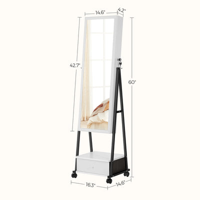 SONGMICS Jewelry Cabinet Floor Standing, Lockable Jewelry Organizer with High Full-Length Mirror, Bottom Drawer, Shelf, Wheels