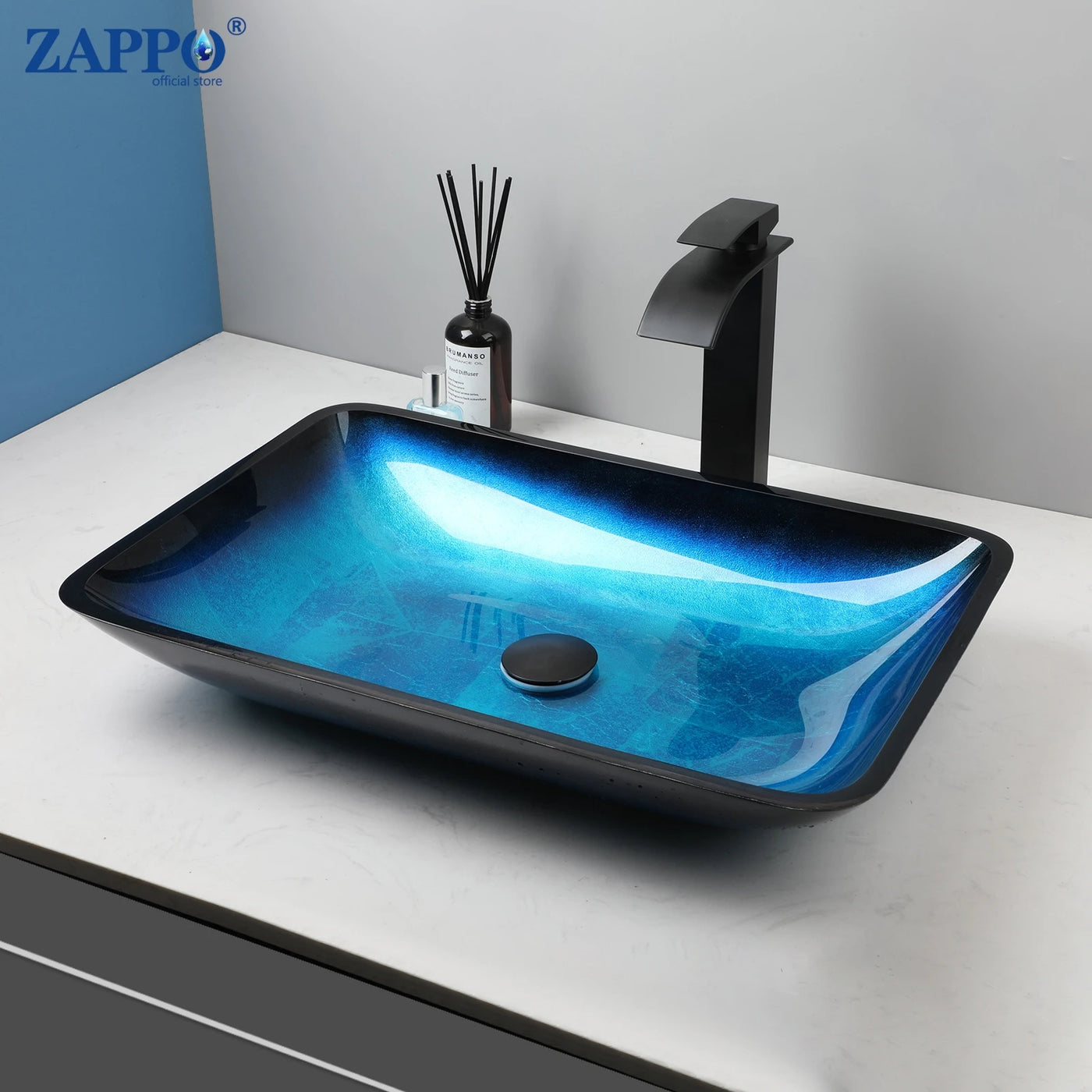 ZAPPO Tempered Glass Bathroom Vessel Sink with Waterfall Black Faucet Tap Bathroom Oval Blue Vessel Sinks Above Counter Basin