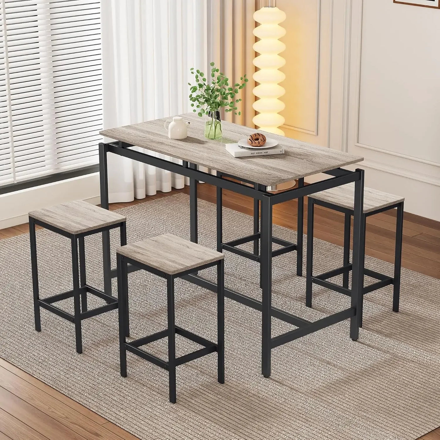 5-Piece Compact Rectangular Bar Table Set with 4 Stools, Furniture for Dining Room and Breakfast Nook, Dining Table Sets