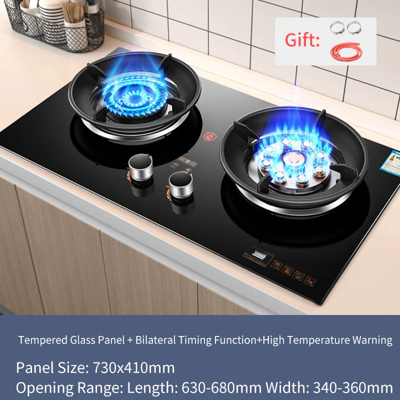 Gas Stove Cooktop Double-Hole Fierce Fire Household Tempered Glass Panel Natural Liquefied 2 Burner Built-in Kitchen Cooker Tool