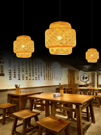 Bamboo Ceiling Pendant Lamp E27 Hand Knitted Chinese Style Weaving Hanging Chandelier Restaurant Home Decor Lighting Fixtures