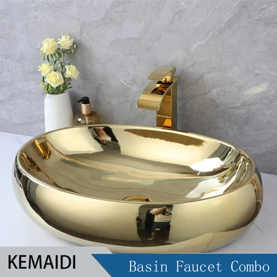 KEMAIDI Luxury 23 Inch Bathroom Vessel Sink Gold Ceramic Sinks Above Counter Oval Bathroom Sink with Gold Waterfall Faucet Mixer