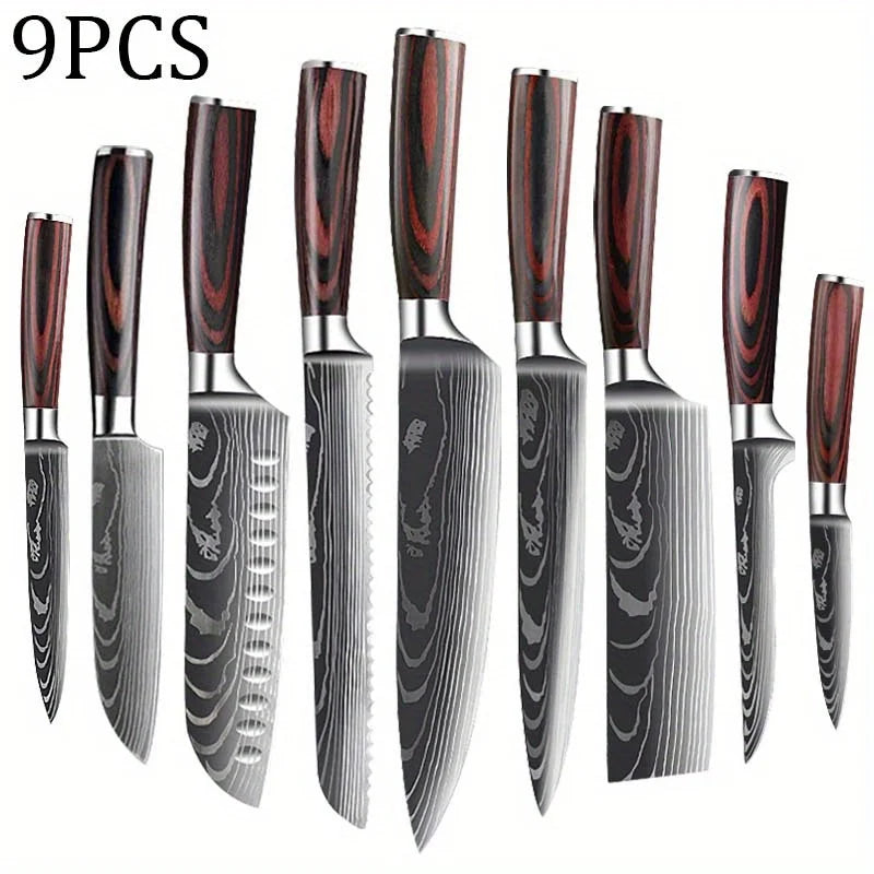 Kitchen Chef Knife Set,High Carbon Stainless Steel Damascus Drawing Gyuto Cleaver Set Slicer Santoku Chef Knife Kitchen Scissors