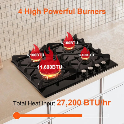 Gas Stove Top 24 inch，24 inch Gas Cooktop4 Burner，Black Tempered Glass Dual Burners Propane Cooktop with Thermocouple Protection