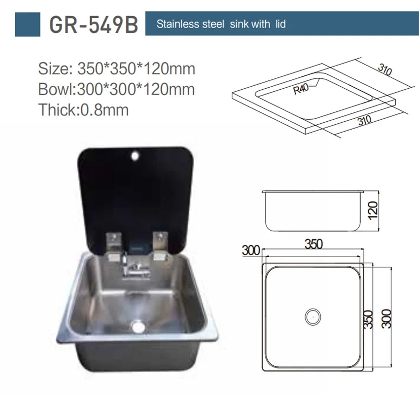 Stainless Steel Sink with Tempered Glass Lid 350*350*120mm GR-549B Boat Caravan Camper