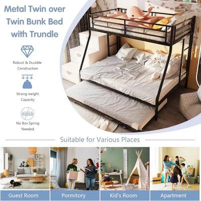 Metal Bunk Bed with 2 Secured Ladders, Trundle, Safety Guard, Space-Saving, Noise Free for Small Bedroom, (Black)