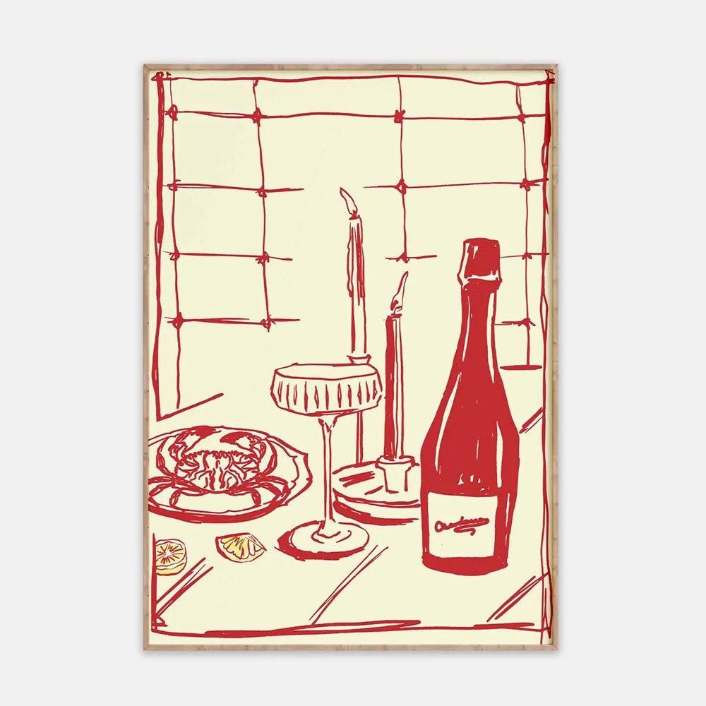 Red Hand Drawn Dining With Wine And Crab Modern Food Art For Pink Kitchen Decor Living Room Bedroom Home Decor