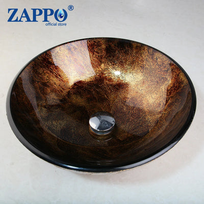 ZAPPO Bathroom WashBasin Round Tempered Glass Vessel Sink Faucet Set Bathroom Glass Basin Faucets Combo Waterfall Mixer Tap