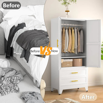 Wardrobe Closet Storage Cabinet with Hanging Rod,71'' Metal Clothing Cabinet with 2 Doors and Adjustable Shelf,2 Drawers for Bed