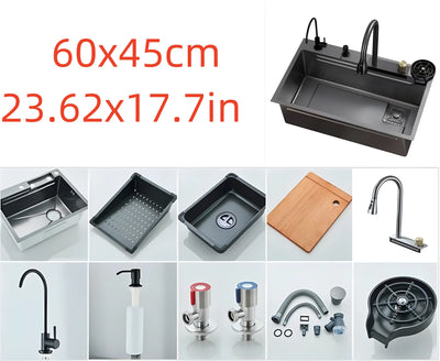 304 stainless steel waterfall style kitchen sink, single sink faucet set, soap cup cleaning machine