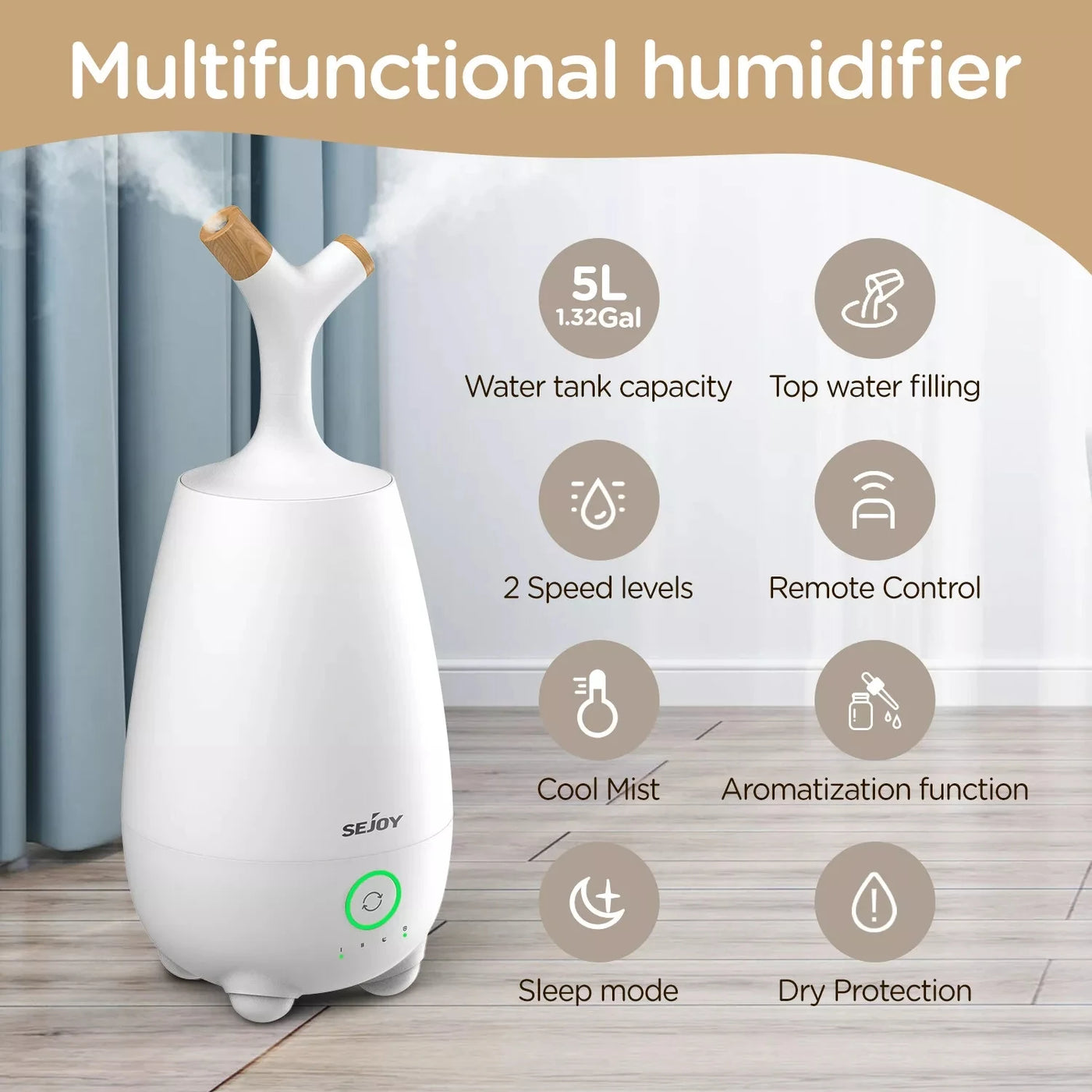 SEJOY Ultrasonic Humidifiers For Bedroom Room Office Cool Mist Air Humidifier 5L