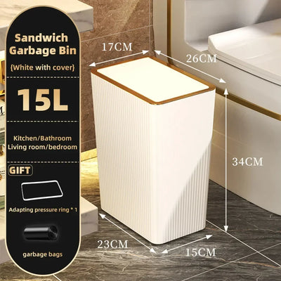 15L Nordic Gold Bathroom Trash Can Covered Slim Trash Can with One-Touch Lid for Bathroom Toilet Living Room Kitchen Bedroom