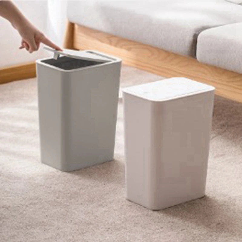 1 Piece Household Square Trash Can Living Room Office Paper Basket Thickened With Lid Push-Type Plastic Light Gray