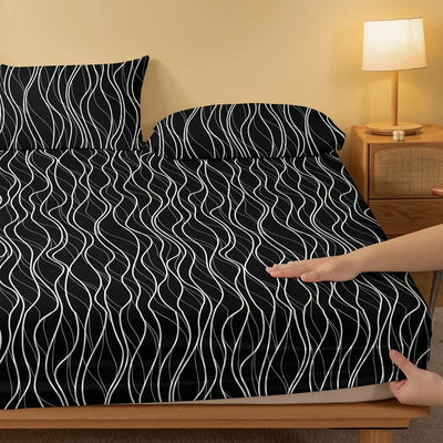 1 piece of black background white wave pattern matte bedsheet, bedroom printed bedspread, bedding (excluding pillowcases)