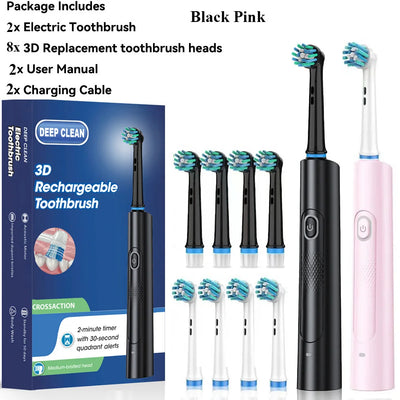 Rotating Electric Toothbrush Black White for Adults with 4 Brush Heads Deep Clean with Rechargeable Power and 2 Min Smart Timer