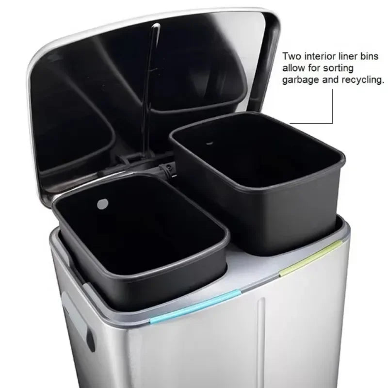 40L Dual Compartment Large Stainless Steel Trash Can Recycling Bin Pedal Bin with Soft Close Kitchen Waste Bin