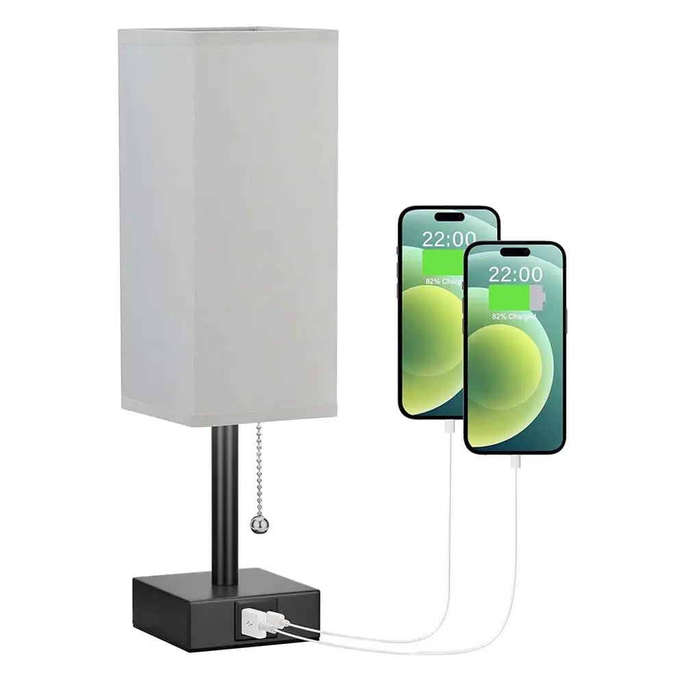 Bedside Lamps With USB CA Charging Ports With 3-Color Modes With Pull Chain Bedroom Lamp With White Fabric Shade Night Light