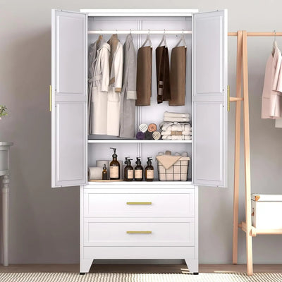 71" Metal Armoire Wardrobe Closet with 2 Drawers, Freestanding 2-Door Tall Clothing Storage with Adjustable Shelves and Hanging