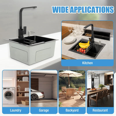 Kitchen Sink Set Stainless Steel Kitchen Sink Kitchen Faucet with Soap Dispenser and Sink Black 40x45cm Soap Dispenser  360°