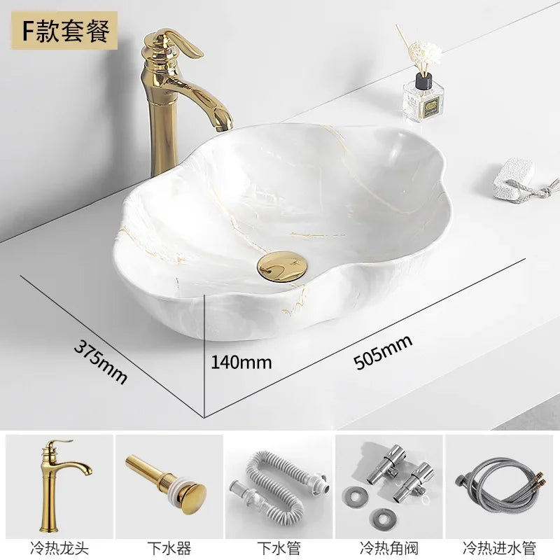 Ceramic Washbasin Marble Pattern Countertop Sinks Luxury Hotel Art Basin Flower Shape Bathroom Hand Wash Vessel Sink 50*37*14cm