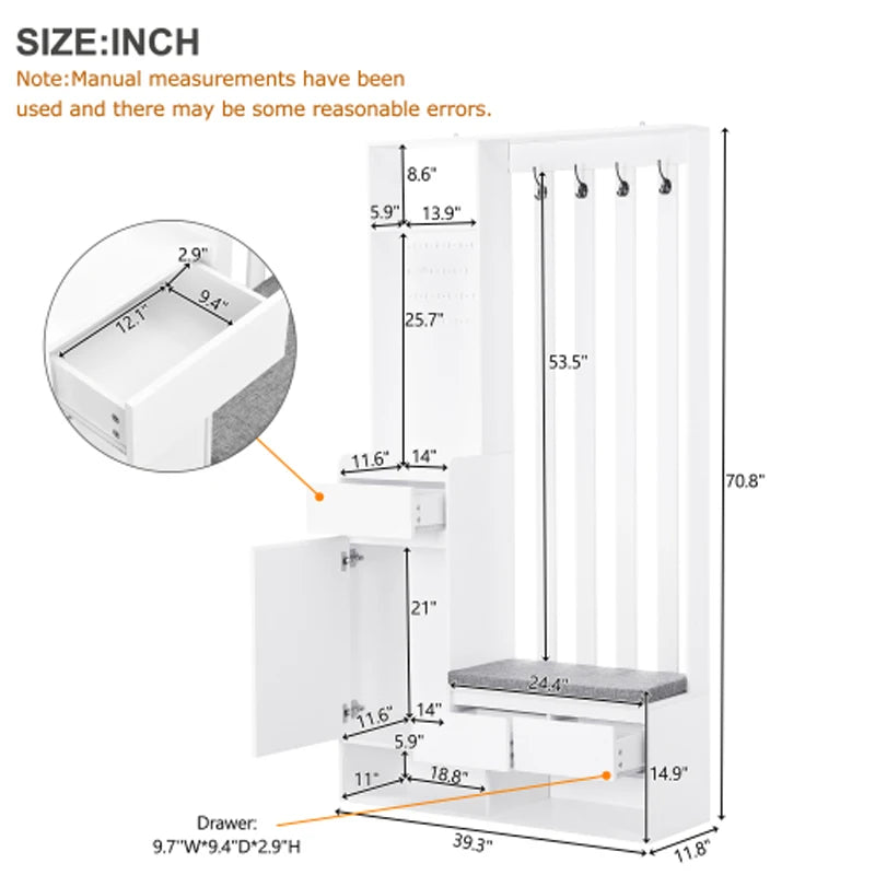 ON-TREND Contemporary 39.3''Wx70.8''H Hall Tree Storage with Cushioned Storage Bench, Multifunctional Hallway Shoe Cabinet,