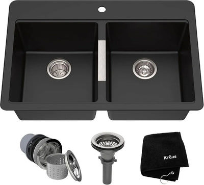 33 Inch Dual Mount 50/50 Double Bowl Granite Black Kitchen Sink W/Drop in And Undermount Kitchen Sink Installation