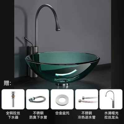 42cm Round Tempered Glass Sink Blue Bathroom Washbasin Hotel Balcony Countertop Art Basin Transparent Bowl Basin With Drain Sets