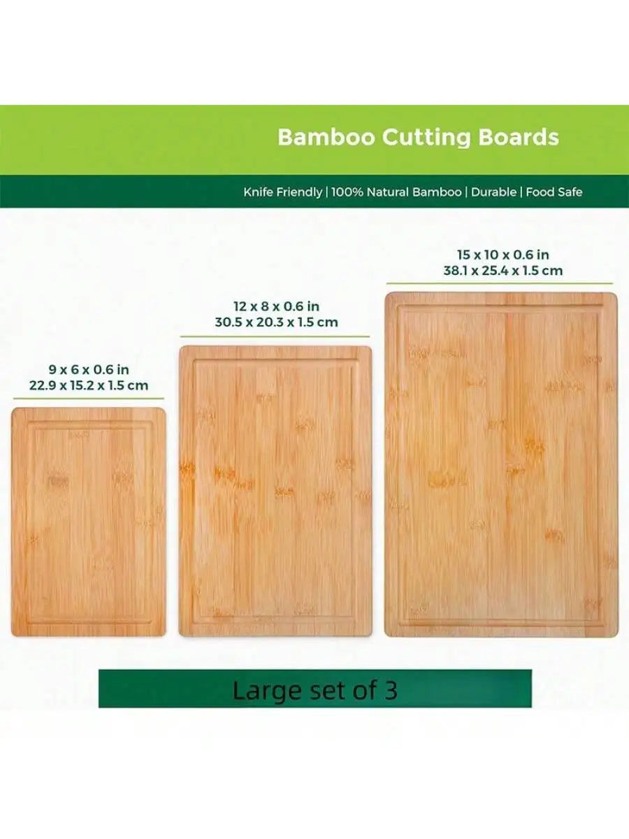 Bamboo Cutting Boards for Kitchen [Set of 3] Wood Cutting Board for Chopping Meat, Vegetables, Fruits, Cheese