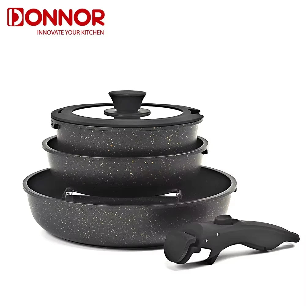 DONNOR Hot 5PCS Kitchen Pots and Pans Set Non Stick With Removable Handle Cookware Set Suitable For Fried Egg Pancakes Oven Safe