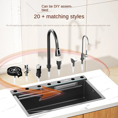 304 Stainless Steel Kitchen Waterfall Sink Digital Display Large Single Sink Dish Basin Sink With Multifunction Touch Waterfall