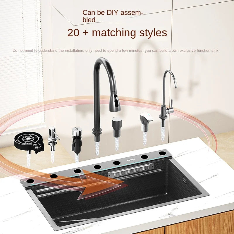 Waterfall Kitchen Sink Stainless Steel Embossed Large Single Slot Multifunctional Wash Basin Workstation Tank Drop-in/Undermount