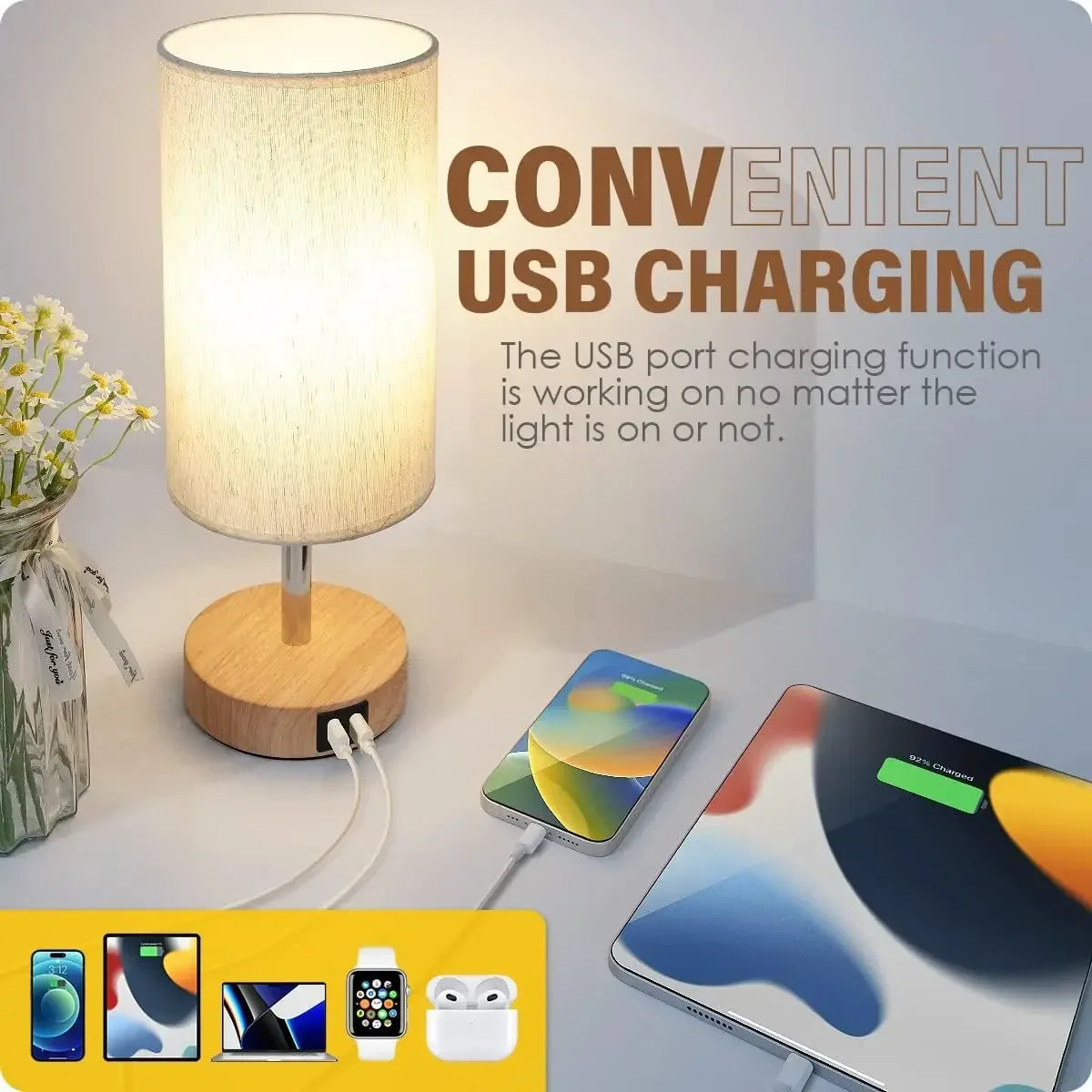 Dimmable Bedside Lamp Table Lamp with USB Charging Port Reading Nightstand Lamp Lampshade for Bedroom Decoration Light Fixture