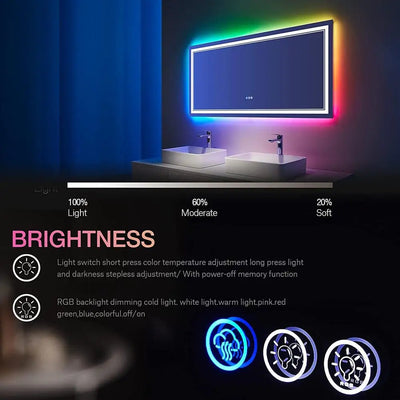 84x40 Inch RGB Backlit LED Bathroom Mirror Front & RGB Lighting Stepless Dimming Anti-Fog Tempered Glass Easy Installation