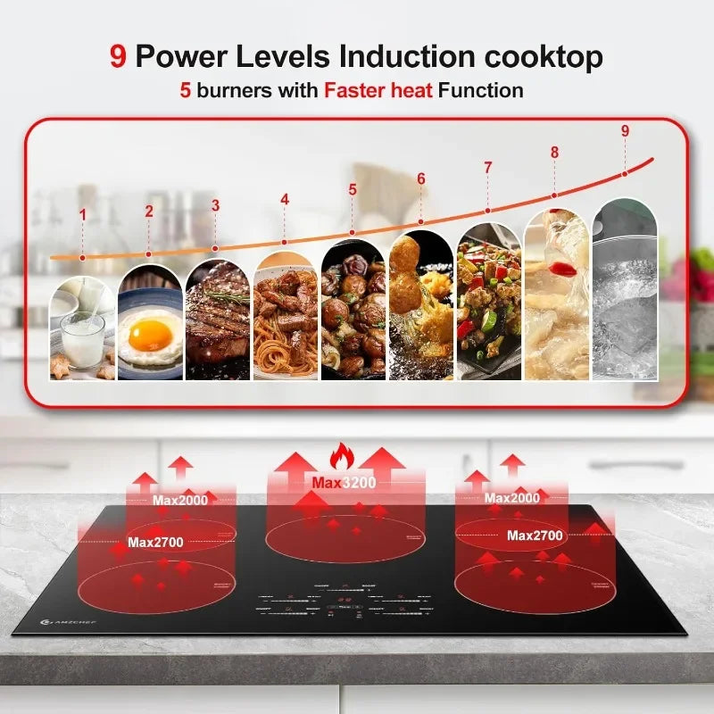 30 Inch10600W Induction Cooktop,AMZCHEF 9 Levels Electric Cooktop with 5 BOOST Burners,Bulid-in Induction Cooktop Control