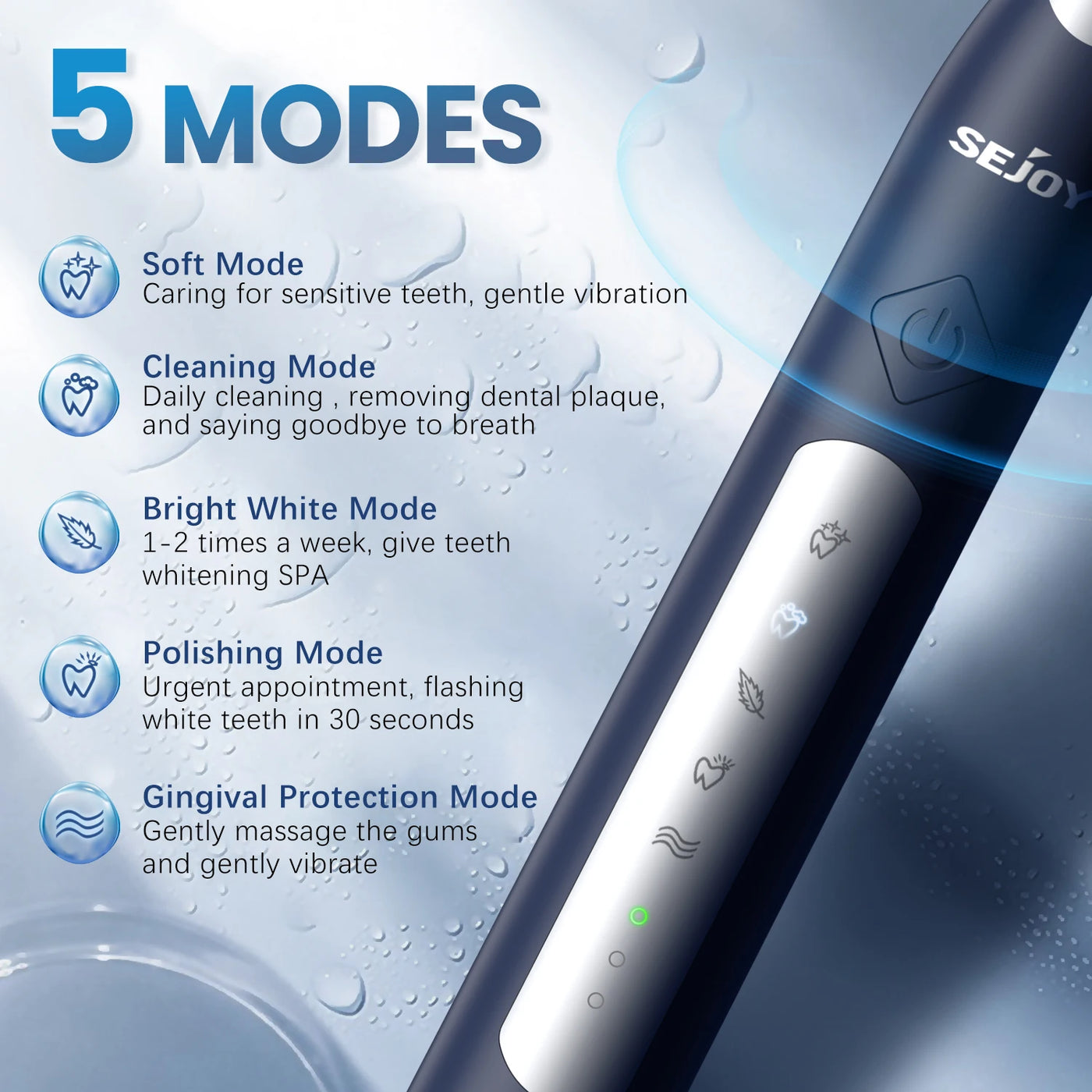 Sejoy Electric Toothbrush with 10 Brush Heads & Travel Case, 5 Cleaning Modes ,2 Minutes Built in Smart Timer Sonic Toothbrush