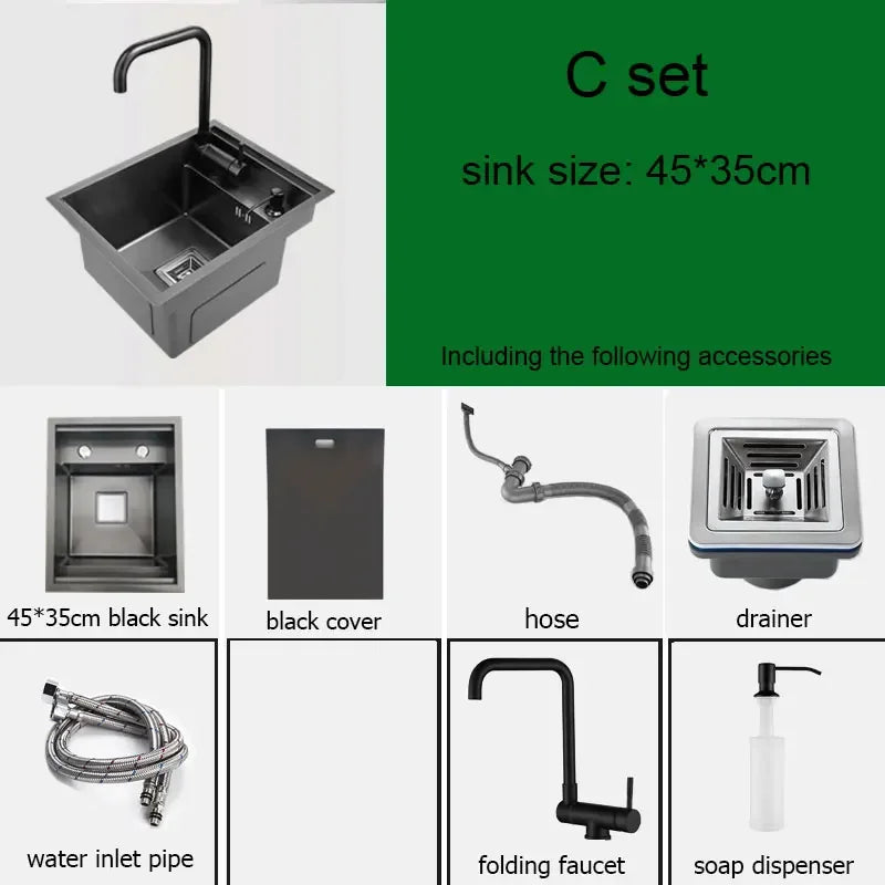 Black Hidden Kitchen Sink Bowl Bar Stainless Steel Balcony Sink Concealed Black Kitchen Sink Bar  with Clean Water Tap