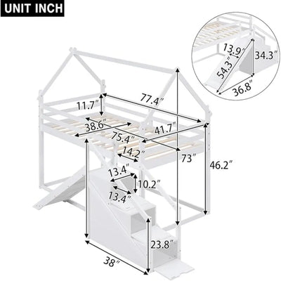 Twin Over Twin House Bunk Bed with Slide and Staircase, Solid Wood Loft/Bunk Bed Frame with Safety Guardrails for Kids