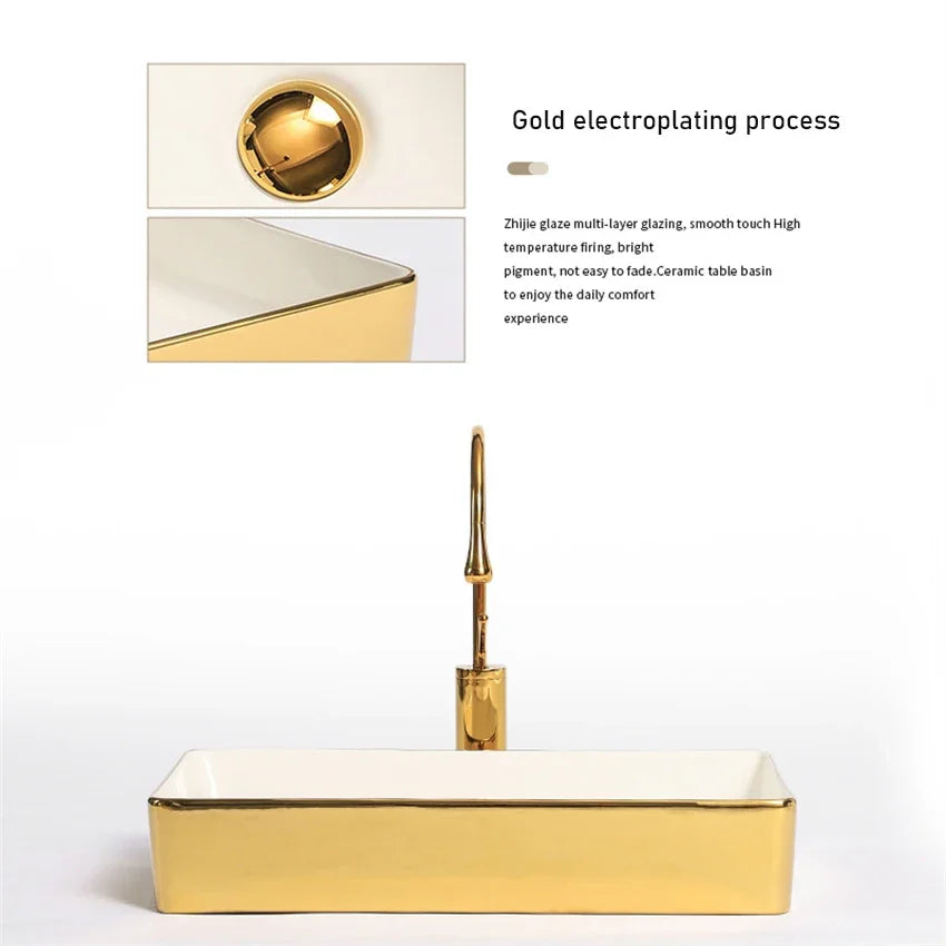 Modern Minimalist Gold Ceramic Tabletop Basin European Style Household Washbasin Basin Square Light Luxury Bathroom Wash Basins