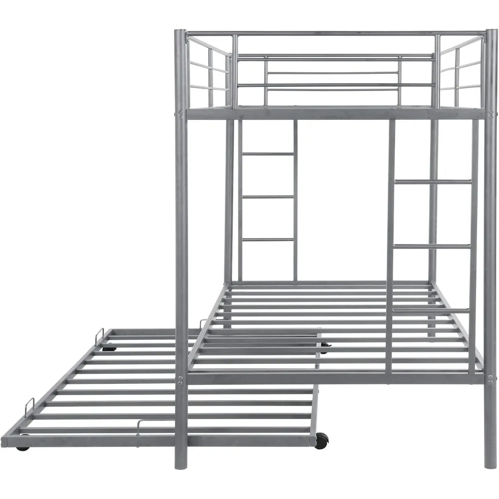 Metal Bunk Bed with Trundle, Twin Over Twin Bunk Bed Frame with Safety Guard Rails for Kids, No Box Spring Needed, Children Beds