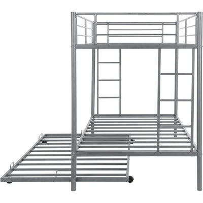 Metal Bunk Bed with Trundle, Twin Over Twin Bunk Bed Frame with Safety Guard Rails for Kids, No Box Spring Needed, Children Beds